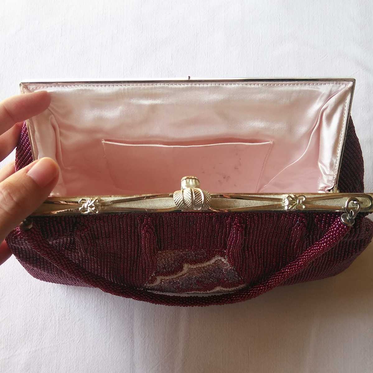  beads bag purple wine red wave pattern silver bulrush . Showa era made in Japan Japanese beads, vintage purse handbag