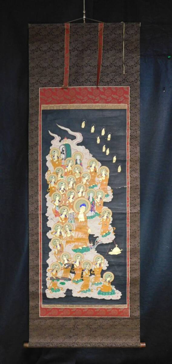 模写】阿弥陀如来二十五菩薩来迎図幅 極楽浄土 仏画 仏教 紙本絹 模写】阿弥陀如来二十五菩薩来迎図幅 極楽浄土 仏画 仏教 紙本絹