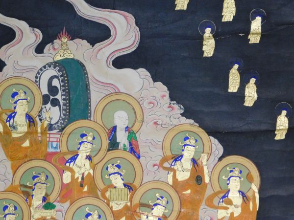模写】阿弥陀如来二十五菩薩来迎図幅 極楽浄土 仏画 仏教 紙本絹 模写】阿弥陀如来二十五菩薩来迎図幅 極楽浄土 仏画 仏教 紙本絹