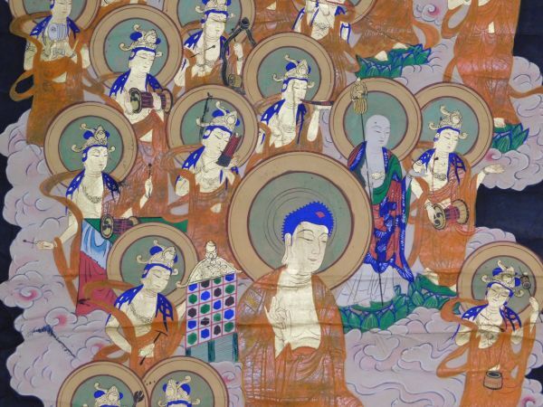 模写】阿弥陀如来二十五菩薩来迎図幅 極楽浄土 仏画 仏教 紙本絹 模写】阿弥陀如来二十五菩薩来迎図幅 極楽浄土 仏画 仏教 紙本絹