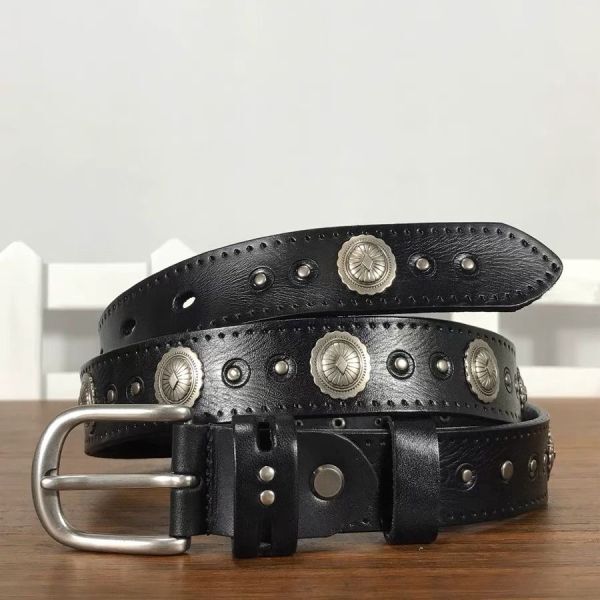 高級パンク風 ハンドメイド 新品 肉厚 イタリアンレザー ベルト 本革 幅2.8 牛革 ベルト 牛ヌメ革 90~115サイズ選択可ブラック 黒
