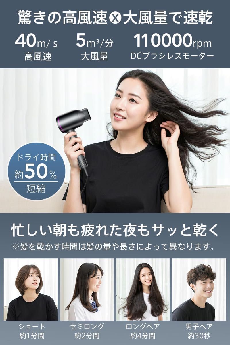 大風量速乾ドライヤー AI温度制御 8億マイナスイオン 美容師監修 大風量速乾ドライヤー AI温度制御 8億マイナスイオン 美容師監修