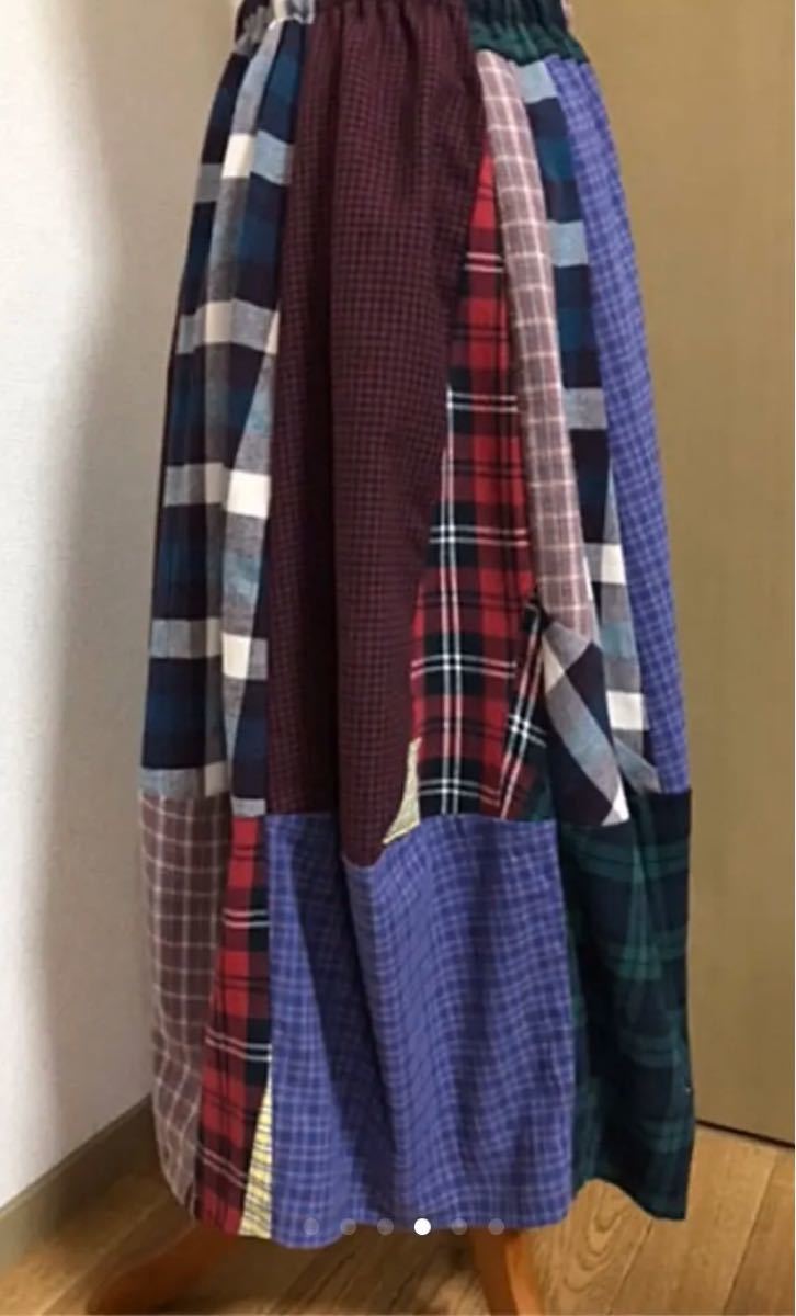 古着リメイク チェックシャツ パッチワーク風 コクーンスカート ハンドメイド