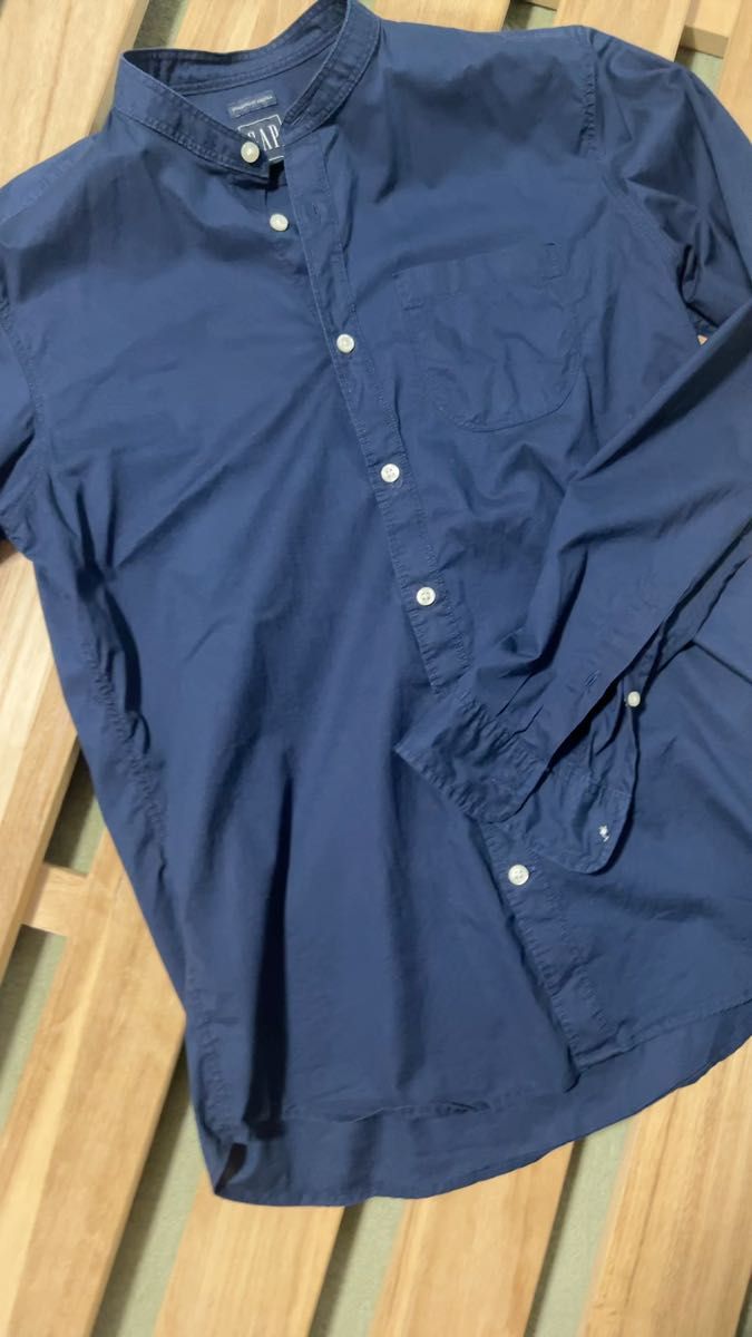 美品 GAP 長袖シャツ バンドカラー ネイビー Lサイズ相当