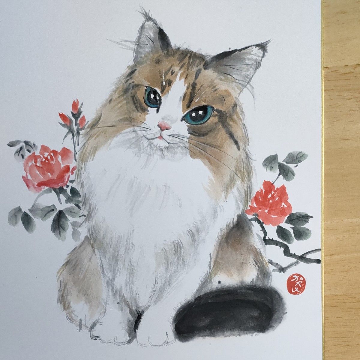 水墨画 墨彩 ハチワレ猫 ねこ 薔薇 ラグドール アート 直筆 肉筆 水墨画 墨彩 ハチワレ猫 ねこ 薔薇 ラグドール アート 直筆 肉筆