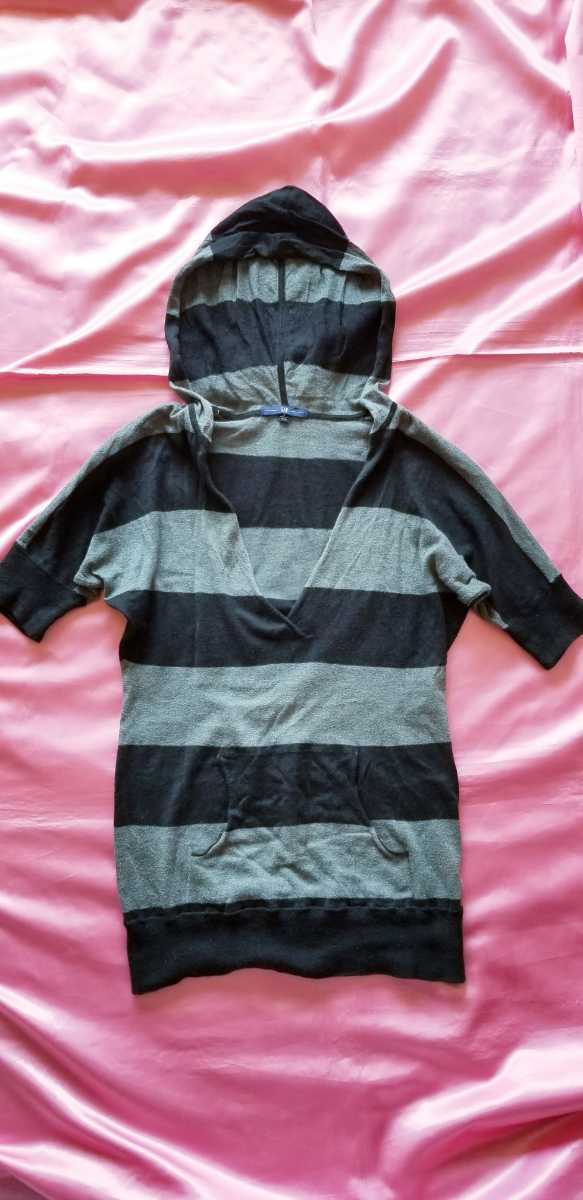 *GAP Gap * black black × gray futoshi border thin cotton cotton knitted V neck short sleeves hood summer sweater & extra tank top 
