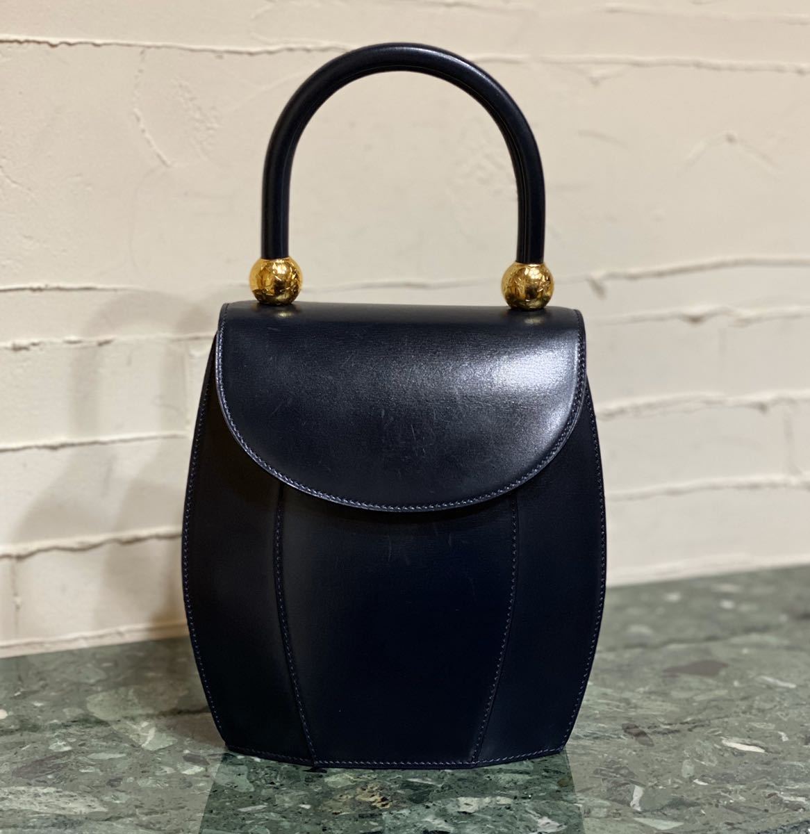 激レア 良品 OLD CELINE クラシカル レザーハンドバッグ スターボール金具 シングルフラップ 年代物 ヴィンテージバッグ ネイビー 濃紺