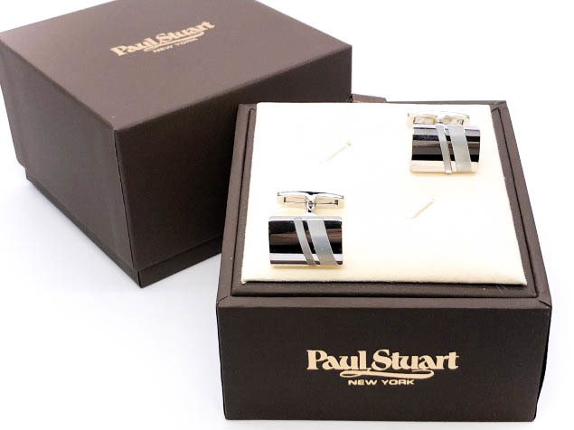 新品 一番の ポールスチュアート カフス 箱付 箱なしネコポス可 本物 カフリンクス W斜めライン 本日特価 Paul Stuart シルバー×ホワイト系