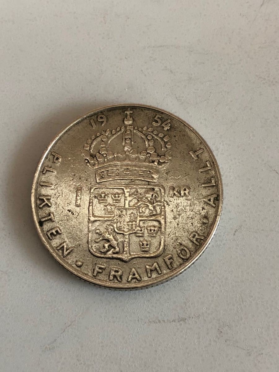 スウェーデン 1クローナ 銀貨 グスタフ6世 1954年