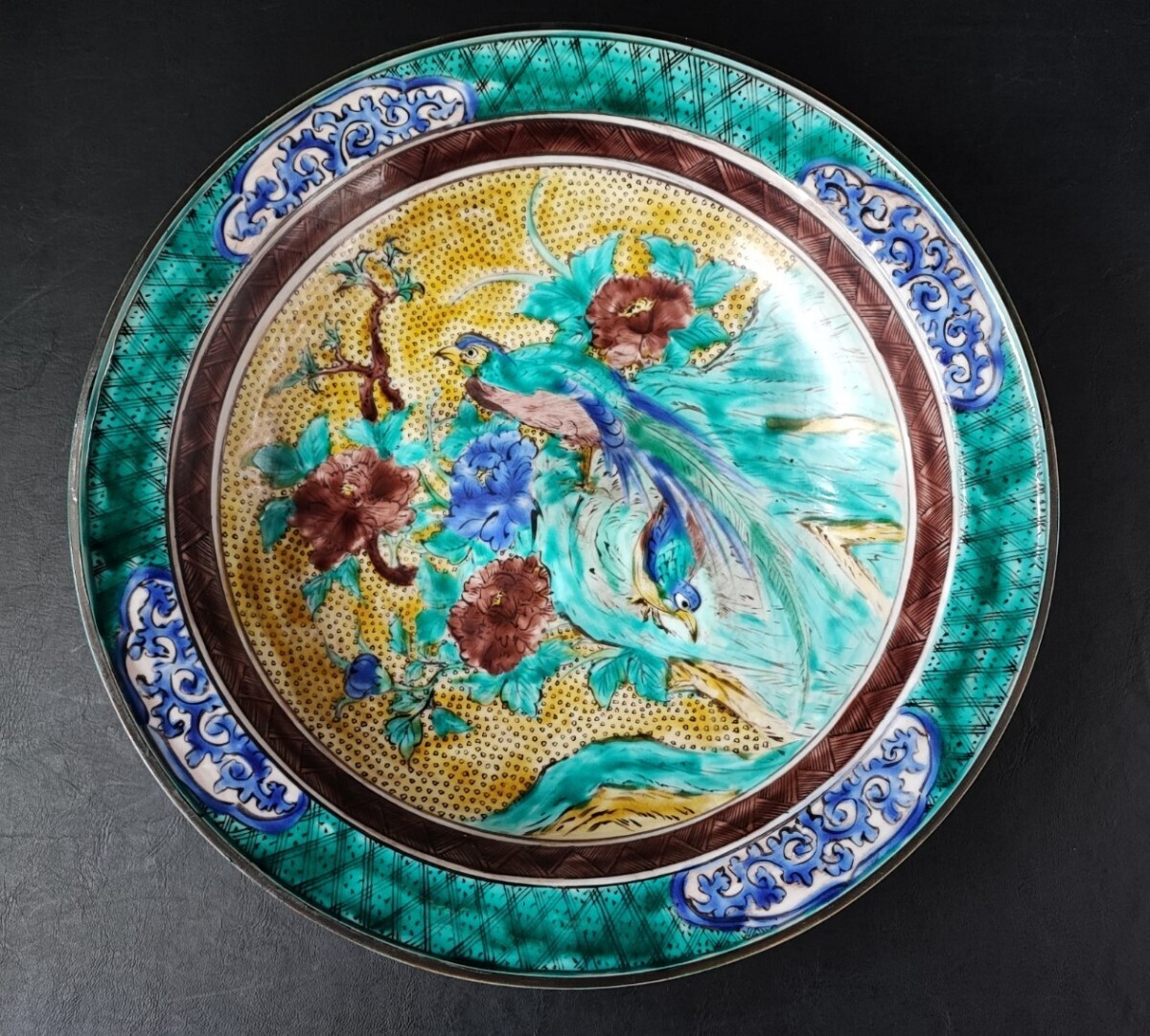 九谷焼・青九谷/青手「角福 大皿(直径37.5cm)」色絵・花鳥皿 九谷焼・青九谷/青手「角福 大皿(直径37.5cm)」色絵・花鳥皿