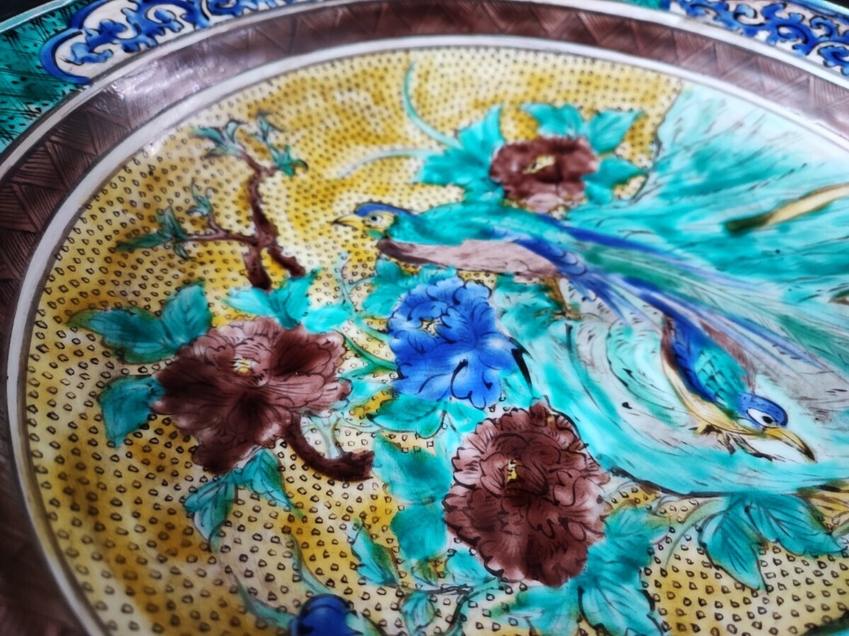 九谷焼・青九谷/青手「角福 大皿(直径37.5cm)」色絵・花鳥皿 九谷焼・青九谷/青手「角福 大皿(直径37.5cm)」色絵・花鳥皿