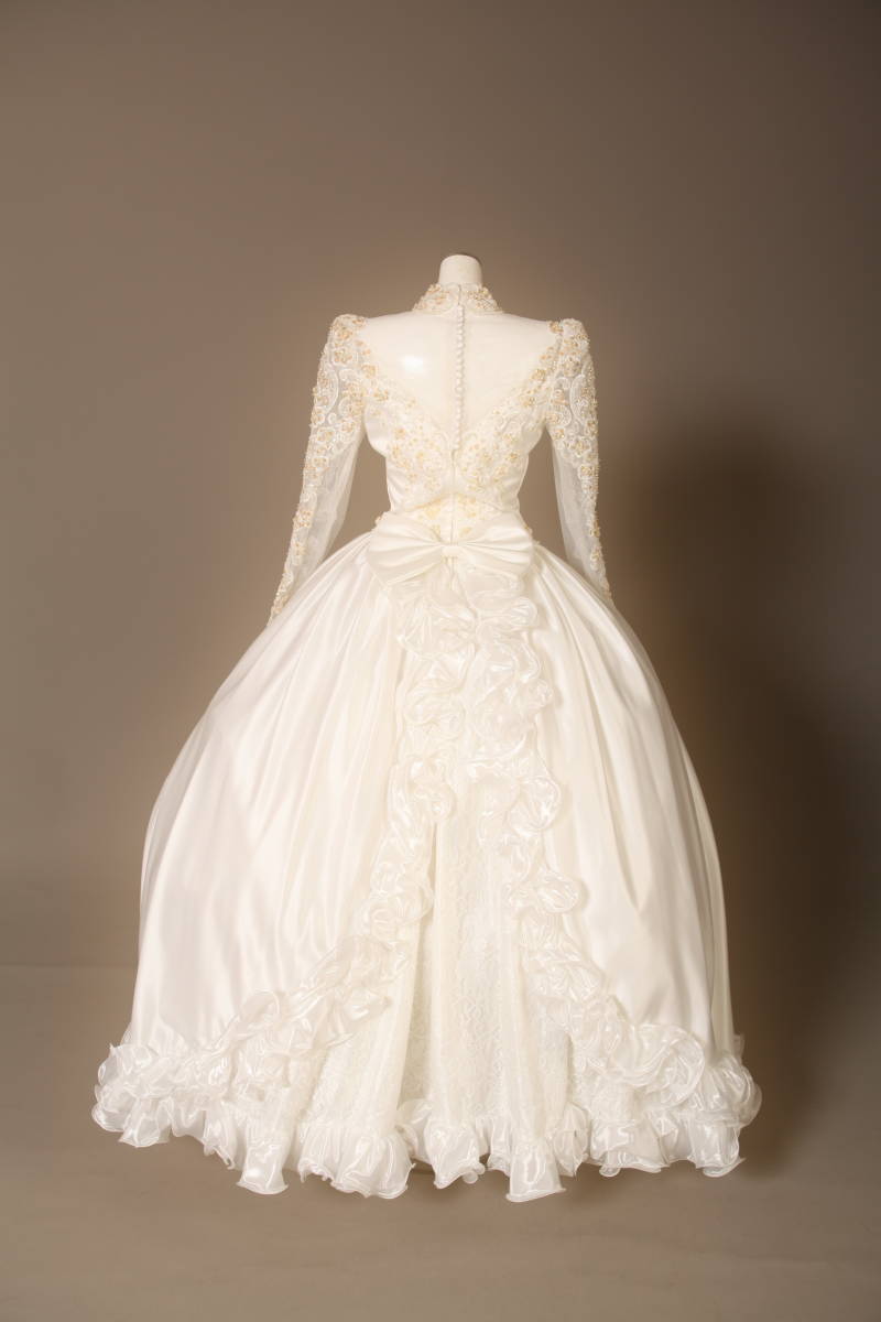 ウェディング ドレス 9号 長袖レース、レトロ スパン&パール&リボン 背中部包み釦 中古 プリンセスライン Hilton Bridal
