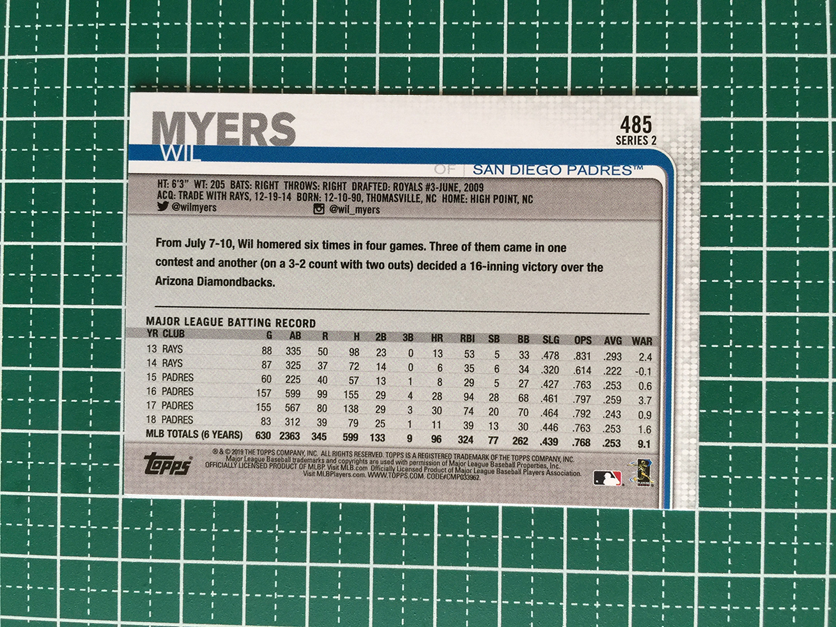 即決のみ！★TOPPS MLB 2019 SERIES 2 #485 WIL MYERS［SAN DIEGO PADRES］ベースカード 19★_画像2