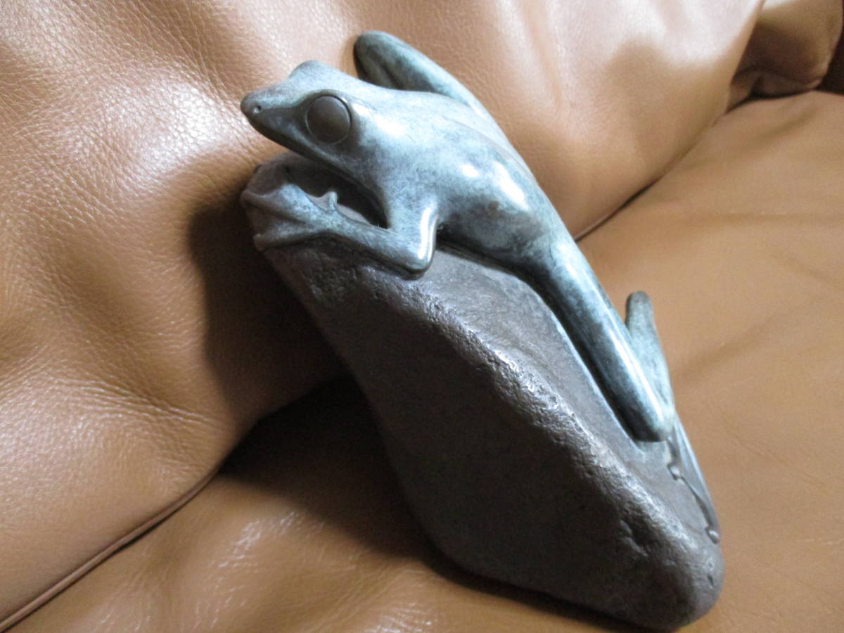  frog collection ornament a-ru deco style stone .. sickle kama .. exhibition goods blue copper?* stone? made ceramics 15cm bulrush .... objet d'art 