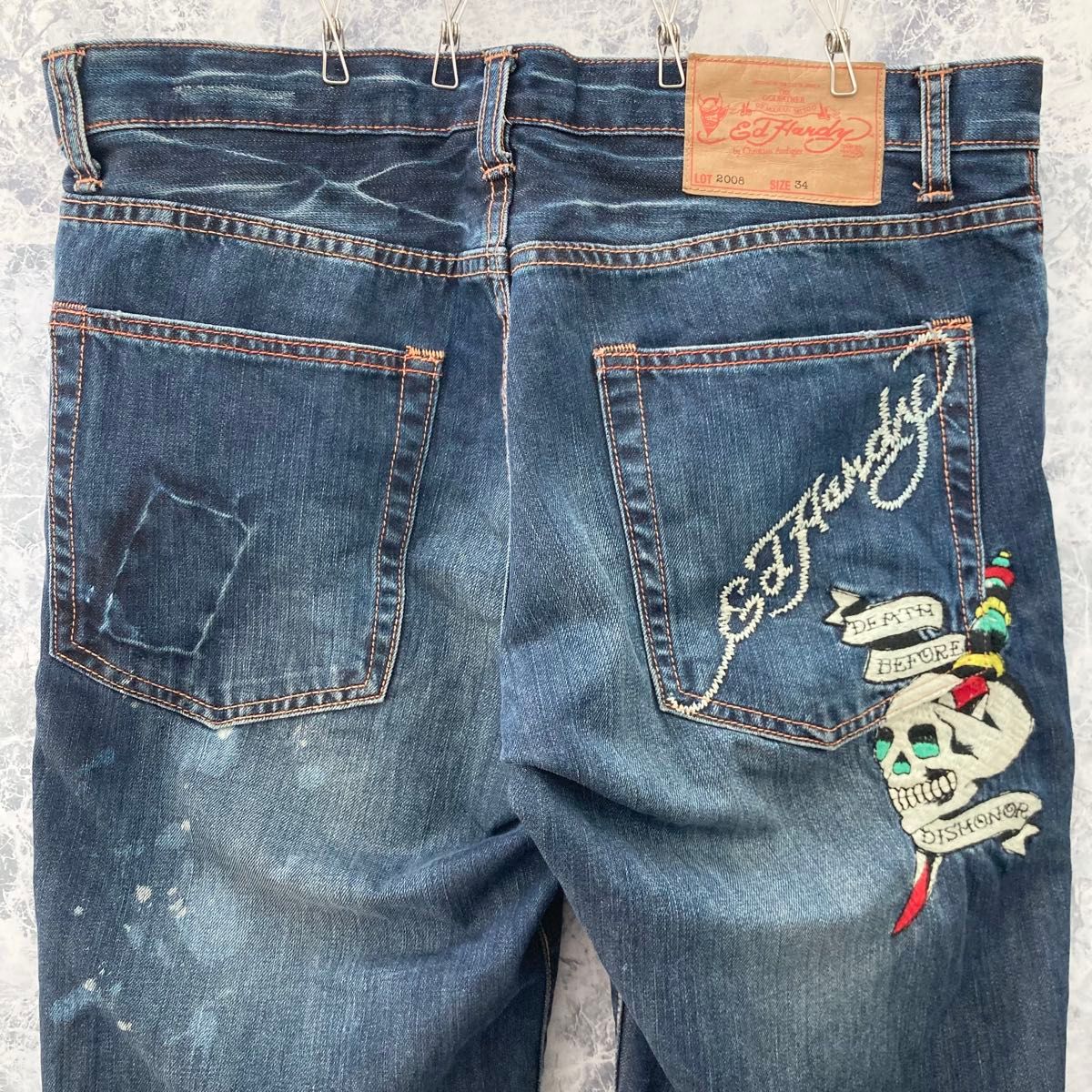 ID476 激レアデザインUS古着エドハーディースカル刺繍ロゴフレア ID476 激レアデザインUS古着エドハーディースカル刺繍ロゴフレア