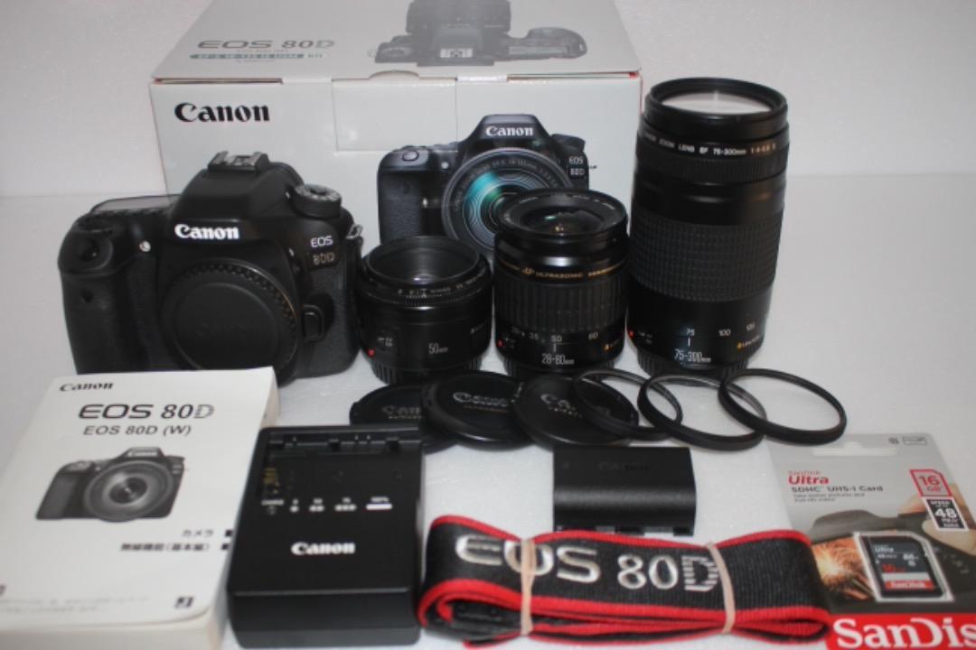 極上品☆ Canon EOS 80D標準&望遠&単焦点トリプルレンズセット165再