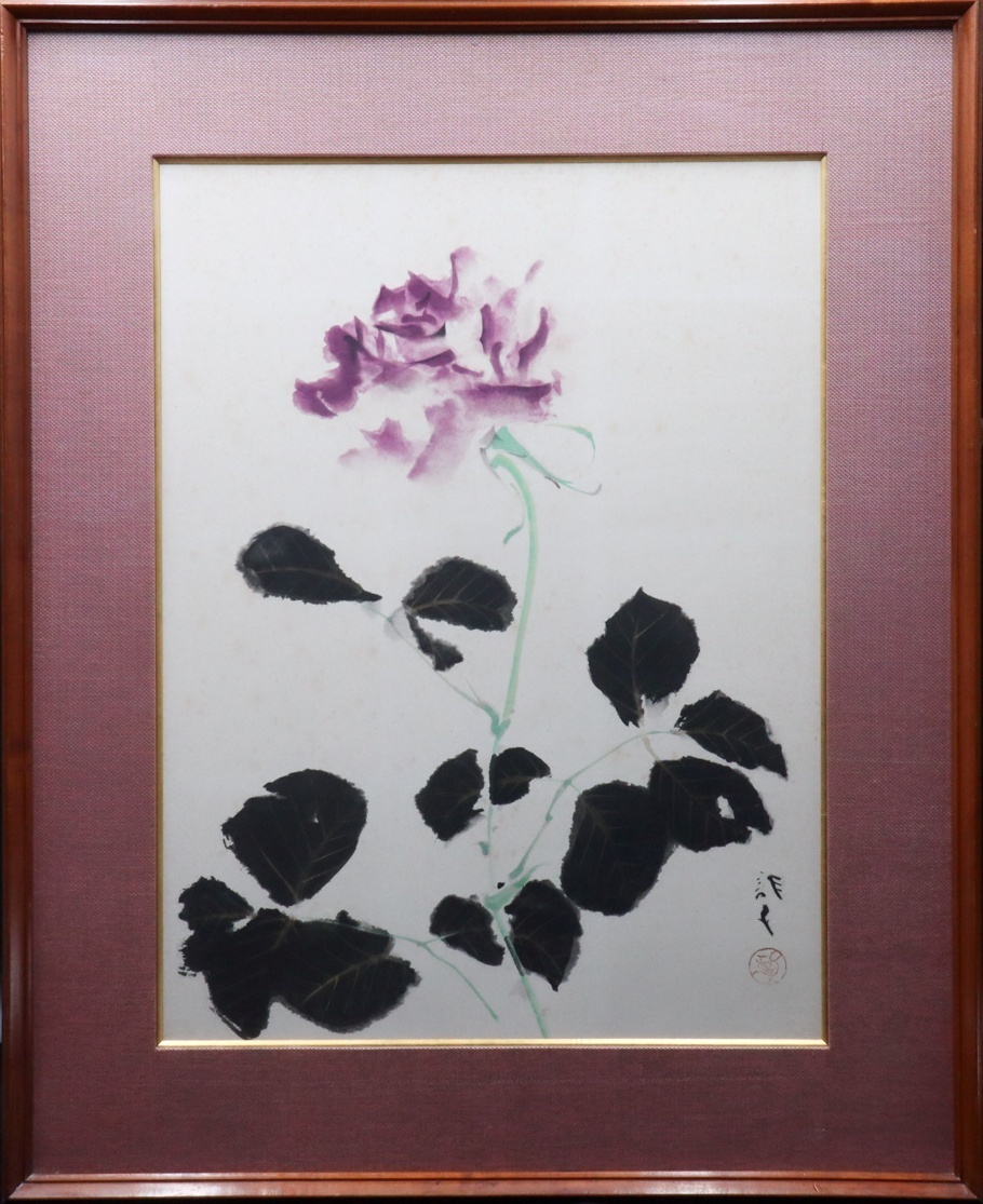 宙】真作保証 川端龍子 薔薇図 日本画 P10号 落款有 額装 紫の 宙】真作保証 川端龍子 薔薇図 日本画 P10号 落款有 額装 紫の