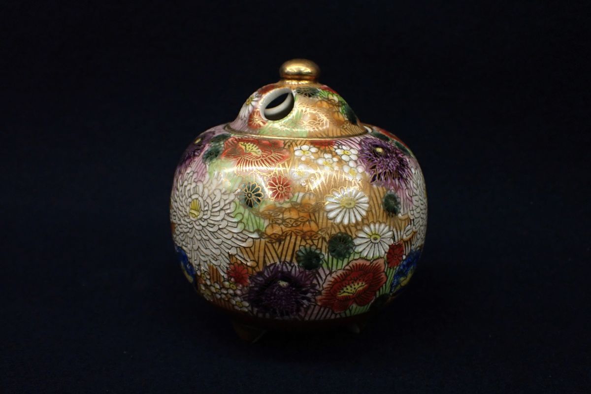 △九谷焼 幸仙 「金彩花尽くし香炉」△共箱/高さ約11.5cm/消費税