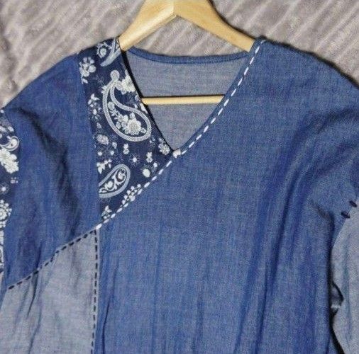 刺し子 ロングワンピース 半袖 パッチワーク ペイズリー 刺し子 ロングワンピース 半袖 パッチワーク ペイズリー