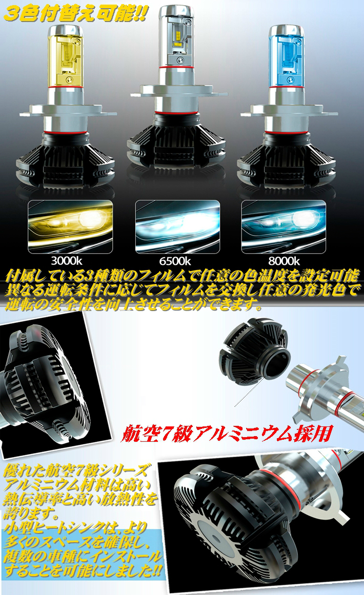 (P)車種別 LEDヘッドライト 爆光3色楽しめる アレックス NZE.ZZE12# H13.01～H14.08 H4 HI/Lo切替 12000LM 簡単取付 車検対応