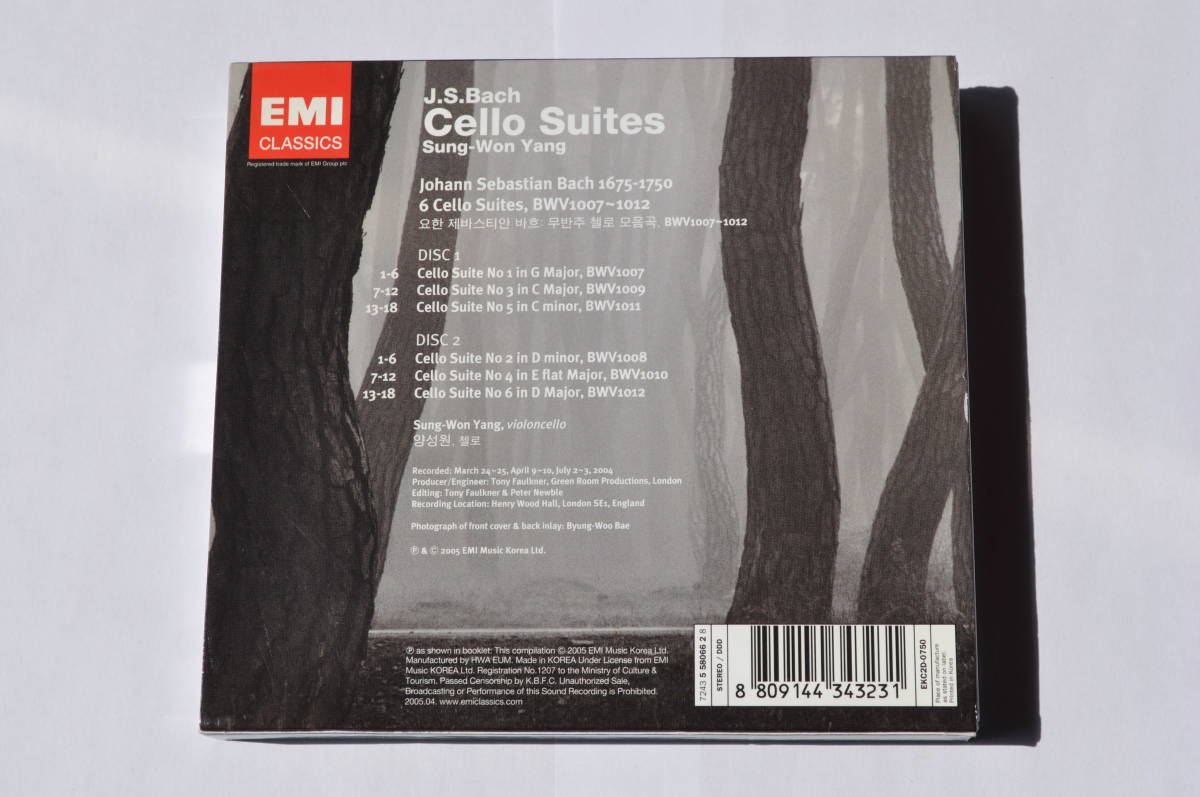 バッハ：無伴奏チェロ組曲（全６曲）＠ヤン・スンウォン/2004/EMI輸入盤/2CD/解説書、サイン有り_画像4