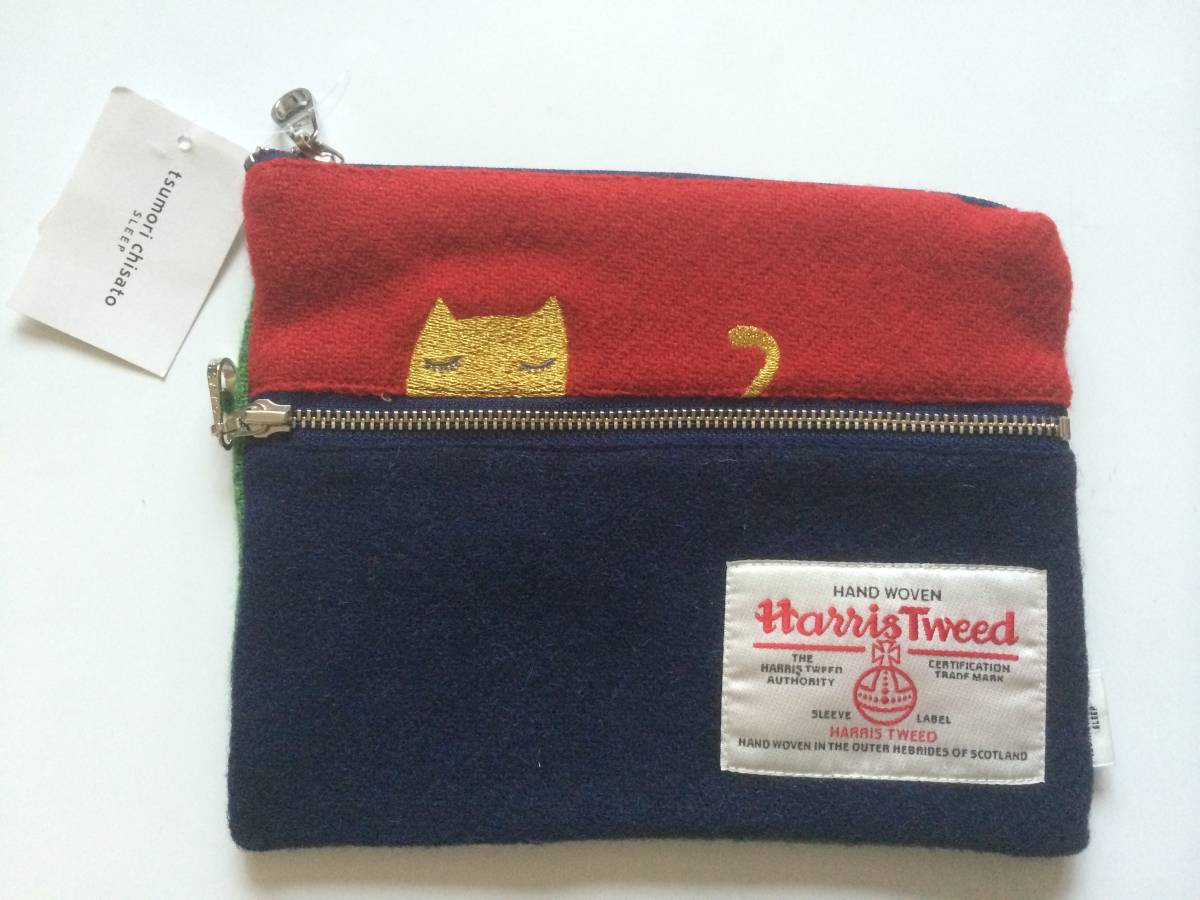  new goods tag attaching Tsumori Chisato Harris tweed pouch cat embroidery check double fastener HARRIS TWEED Wacoal red regular price 5390 jpy 