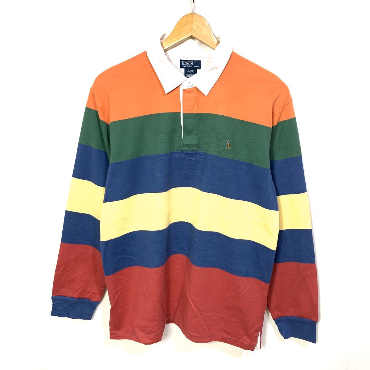 # for children Polo by Ralph Lauren Ralph Lauren futoshi pitch multi border long sleeve Rugger shirt old clothes American Casual polo-shirt size XL#