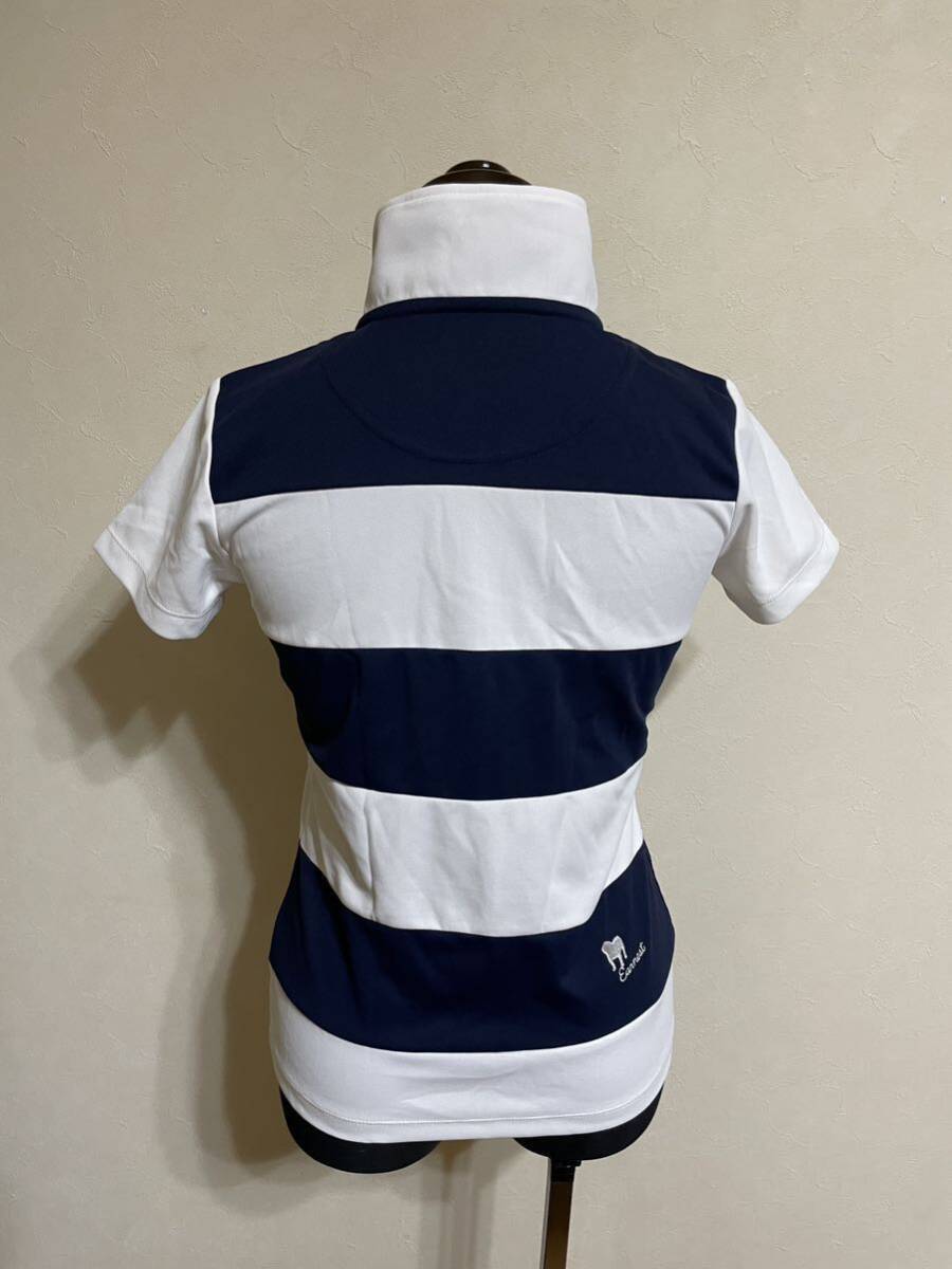 【美品】 le coq sportif golf ルコック ゴルフ ウェア レディース ボーダー ハーフジップ プルオーバー ドライ サイズS 半袖 白 ネイビー
