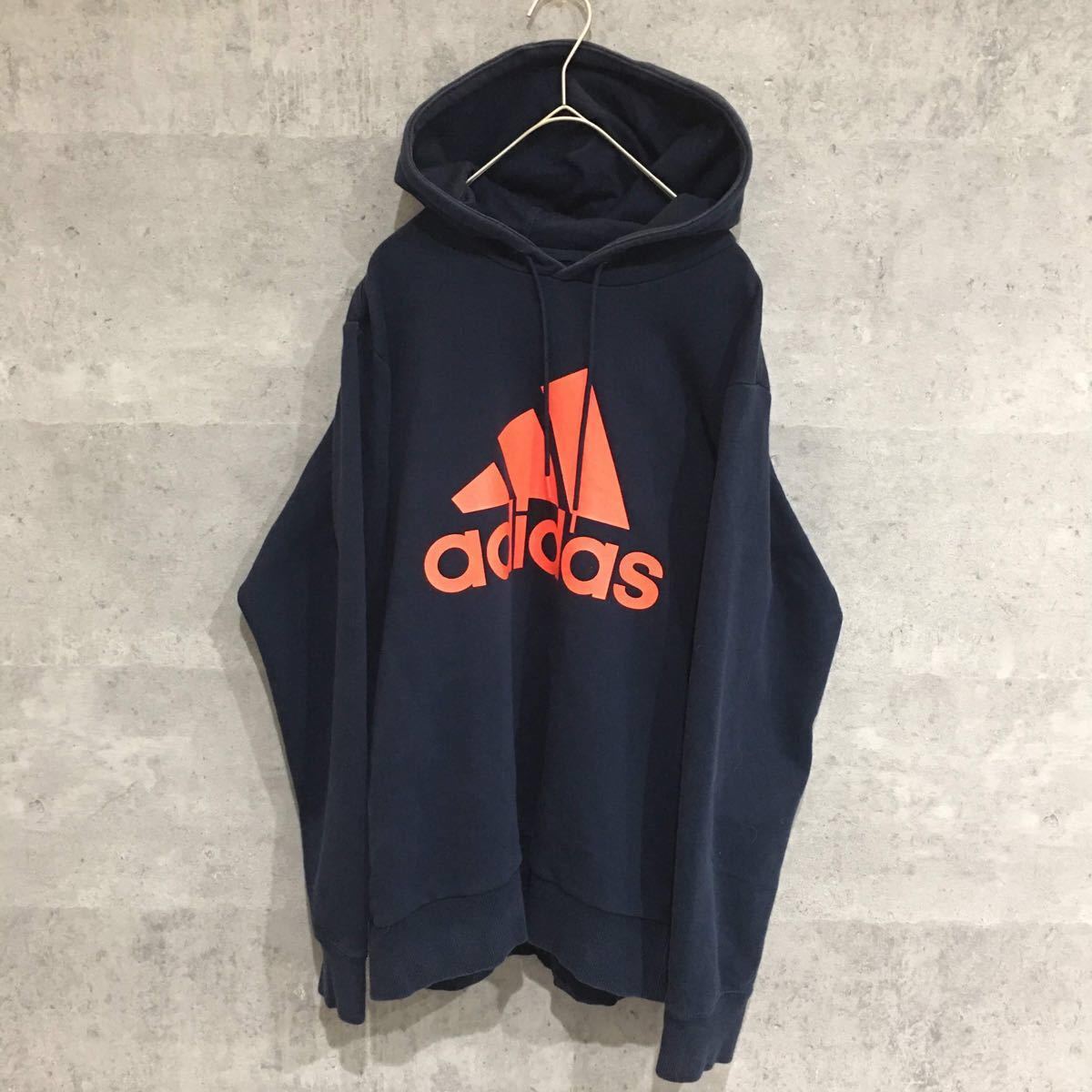 adidas アディダス パーカー プルオーバー デカロゴ ネイビー 90's