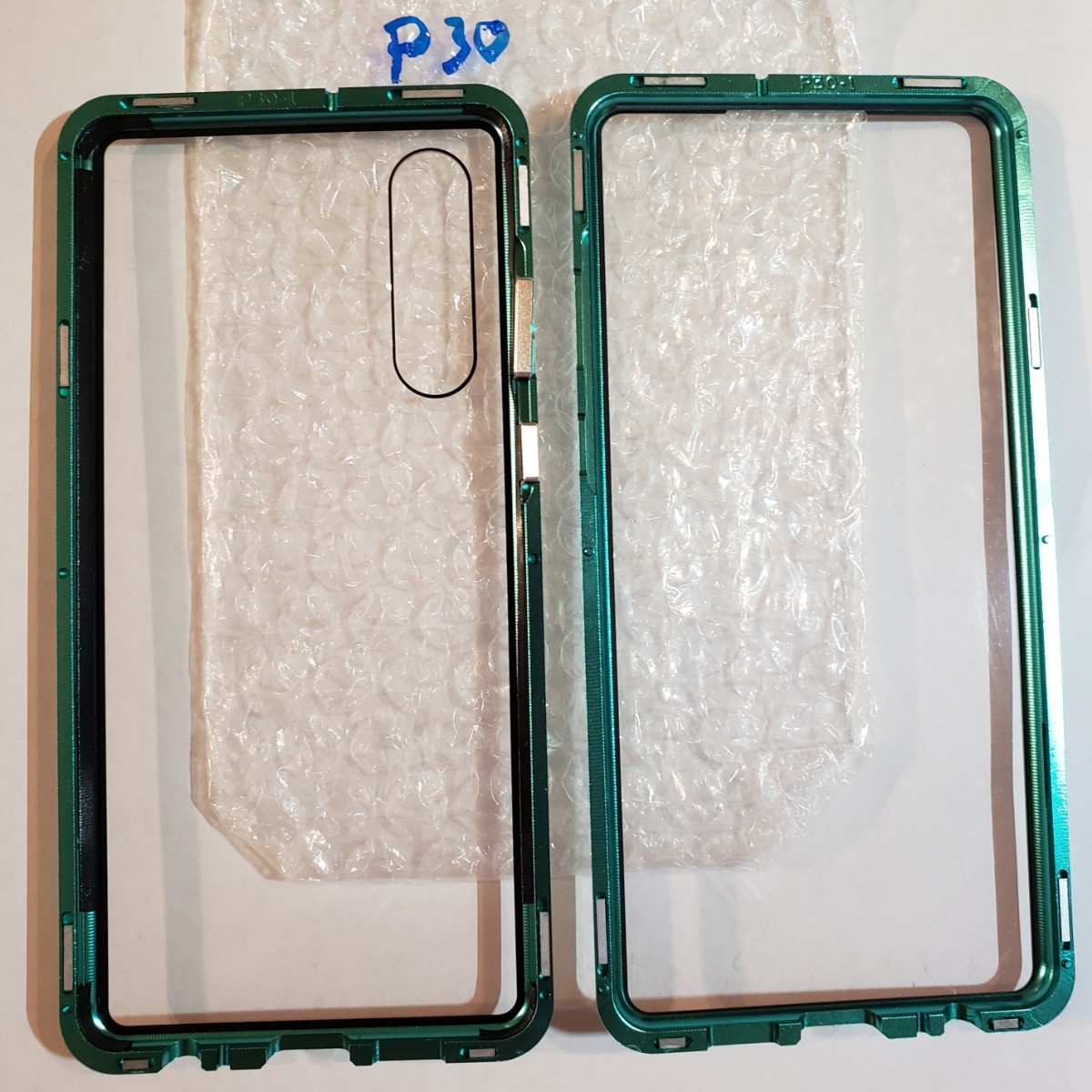 HUAWEI P30 緑/緑 両面ガラスアルミフレー厶フルカバーケース
