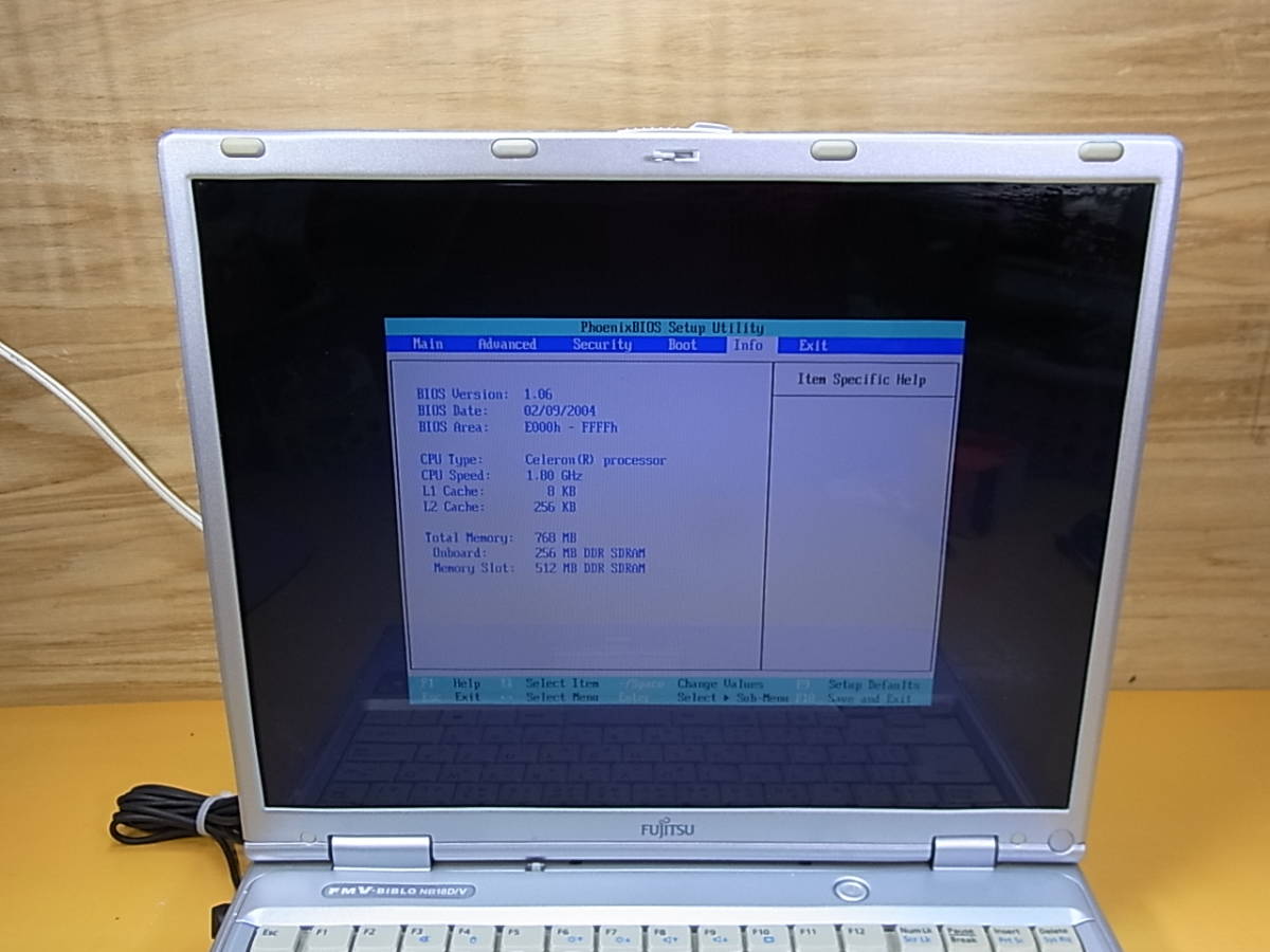 □Ya/759☆富士通 FUJITSU☆15型ノートパソコン☆FMV-BIBLO NB18D/V☆FMVNB18DV☆Celeron 1.80GHz☆メモリ768MB☆HDDなし☆ジャンク_画像2