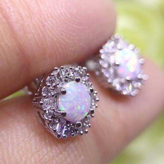  white fire - opal . Cubic Zirconia. . flower design earrings * lady's silver accessory color stone cz new goods gem Y-R