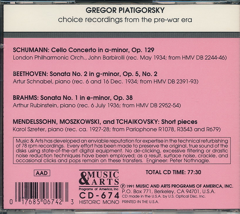 廃盤CD　グレゴール・ピアティゴルスキー Gregor Piatigorsky　Choice Recordings from Pre-War Era_画像2