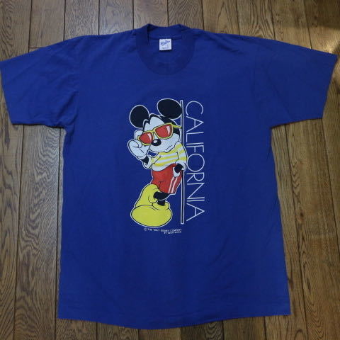 90s USA製 Disney California ミッキーマウス Tシャツ L ブルー Velva