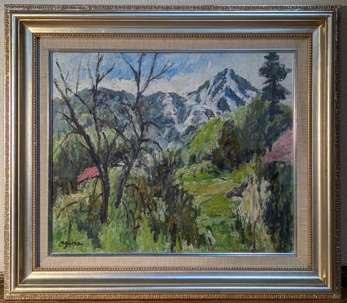 【真作】絵画 油彩8号 春山遠望 雪山と新緑の広がる風景画 日本の四季 W59 真作】絵画 油彩8号 春山遠望 雪山と新緑の広がる風景画 日本