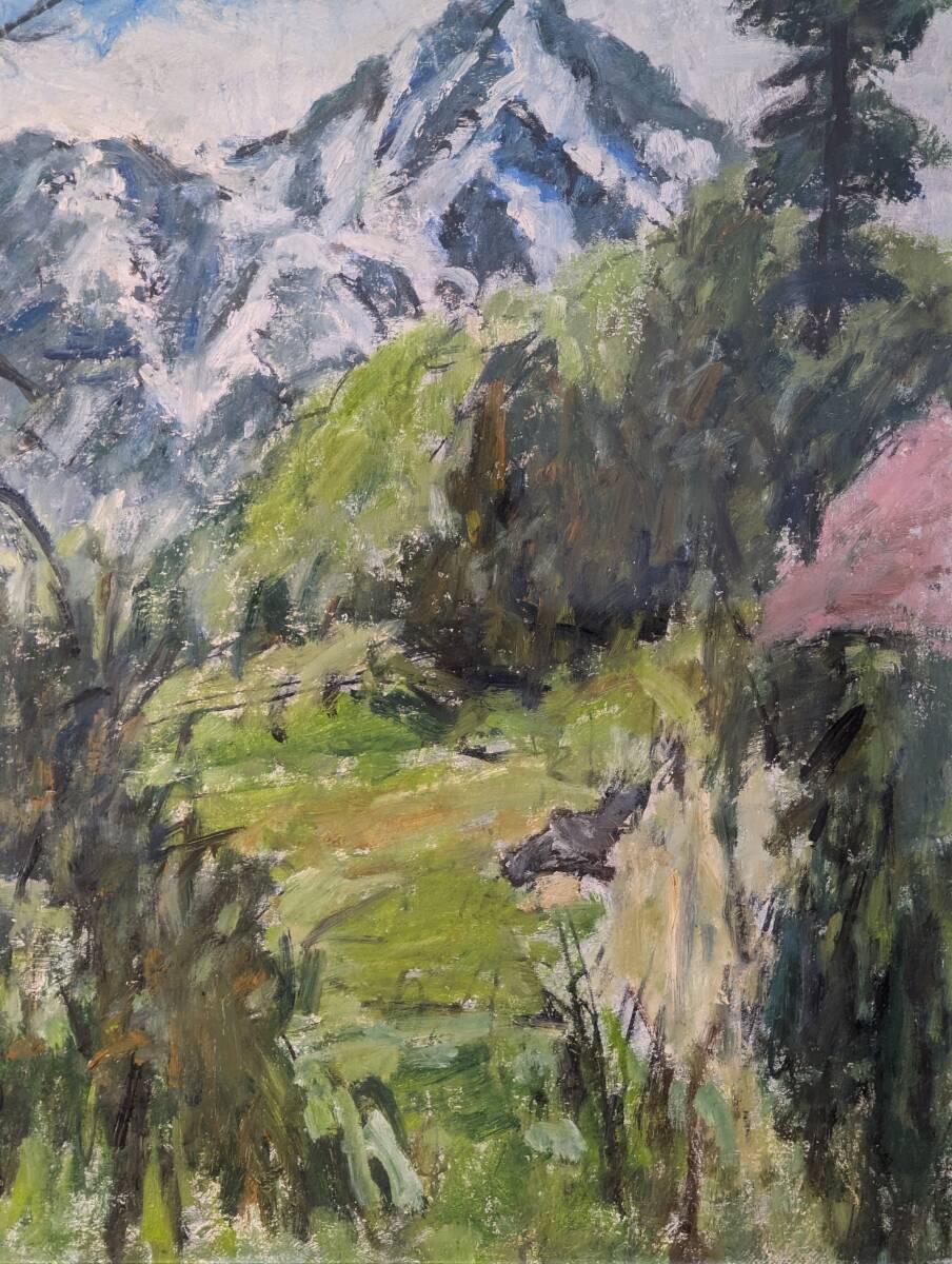 【真作】絵画 油彩8号 春山遠望 雪山と新緑の広がる風景画 日本の四季 W59 真作】絵画 油彩8号 春山遠望 雪山と新緑の広がる風景画 日本