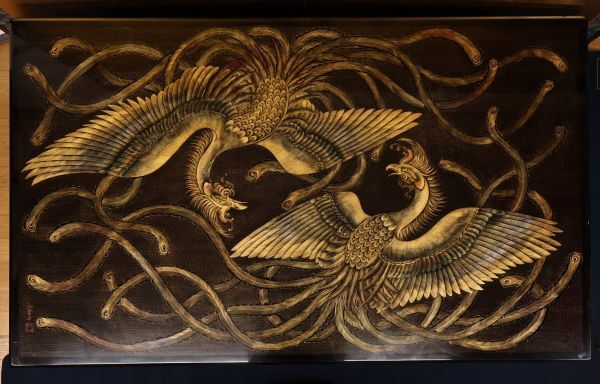 BJ175 極上輪島塗 森下弘堂刀 細密沈金蒔絵 鳳凰の図 座卓 BJ175 極上輪島塗 森下弘堂刀 細密沈金蒔絵 鳳凰の図 座卓