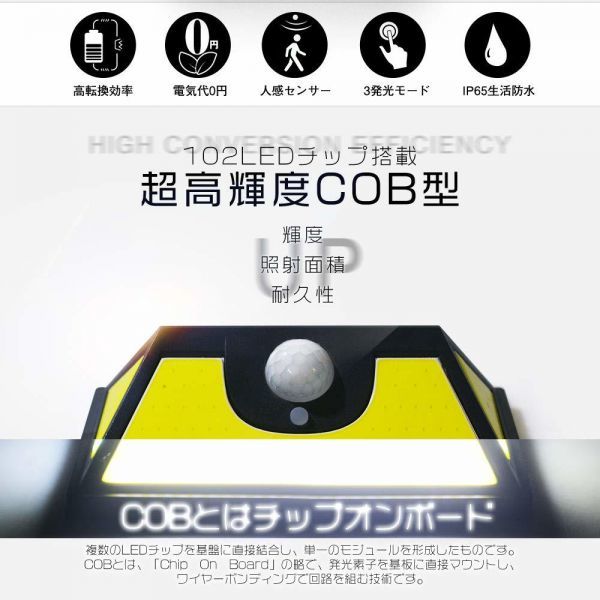 ソーラーライト 屋外 センサーライト 102LED 3面発光人工光・太陽光発電 COB型面発光 充電指示機能付 ledライト 玄関ライト 防犯ライト_画像2