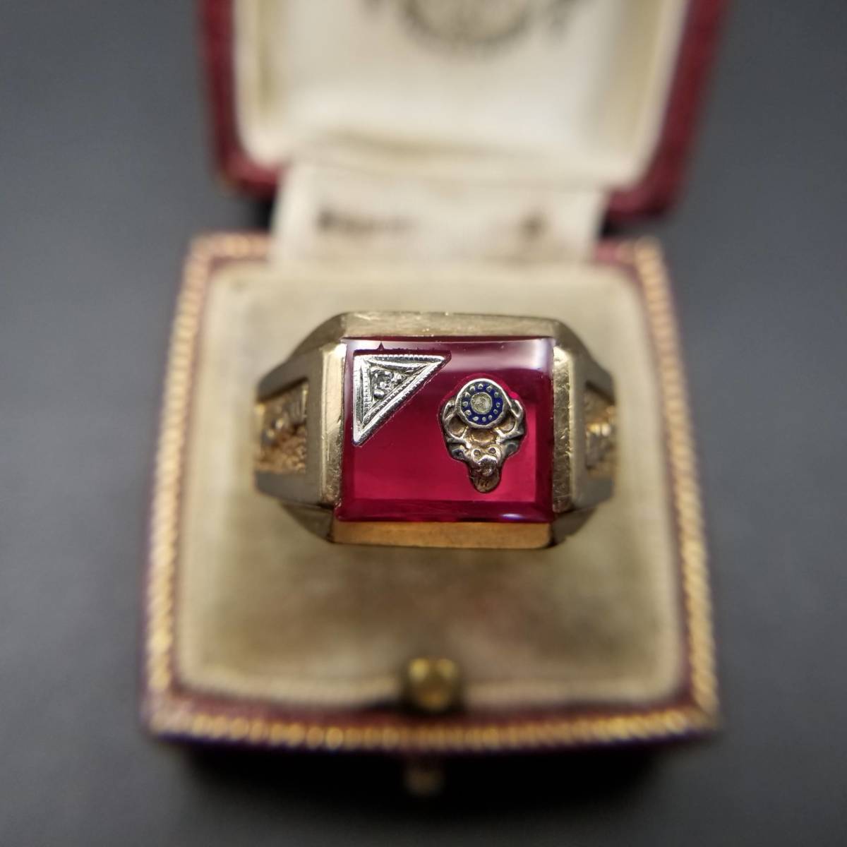 B.P.O.E. Elks бриллиант K10 желтое золото американский Vintage sig сеть кольцо золотой олень гравировка кольцо рубин стекло мужской Y6-I