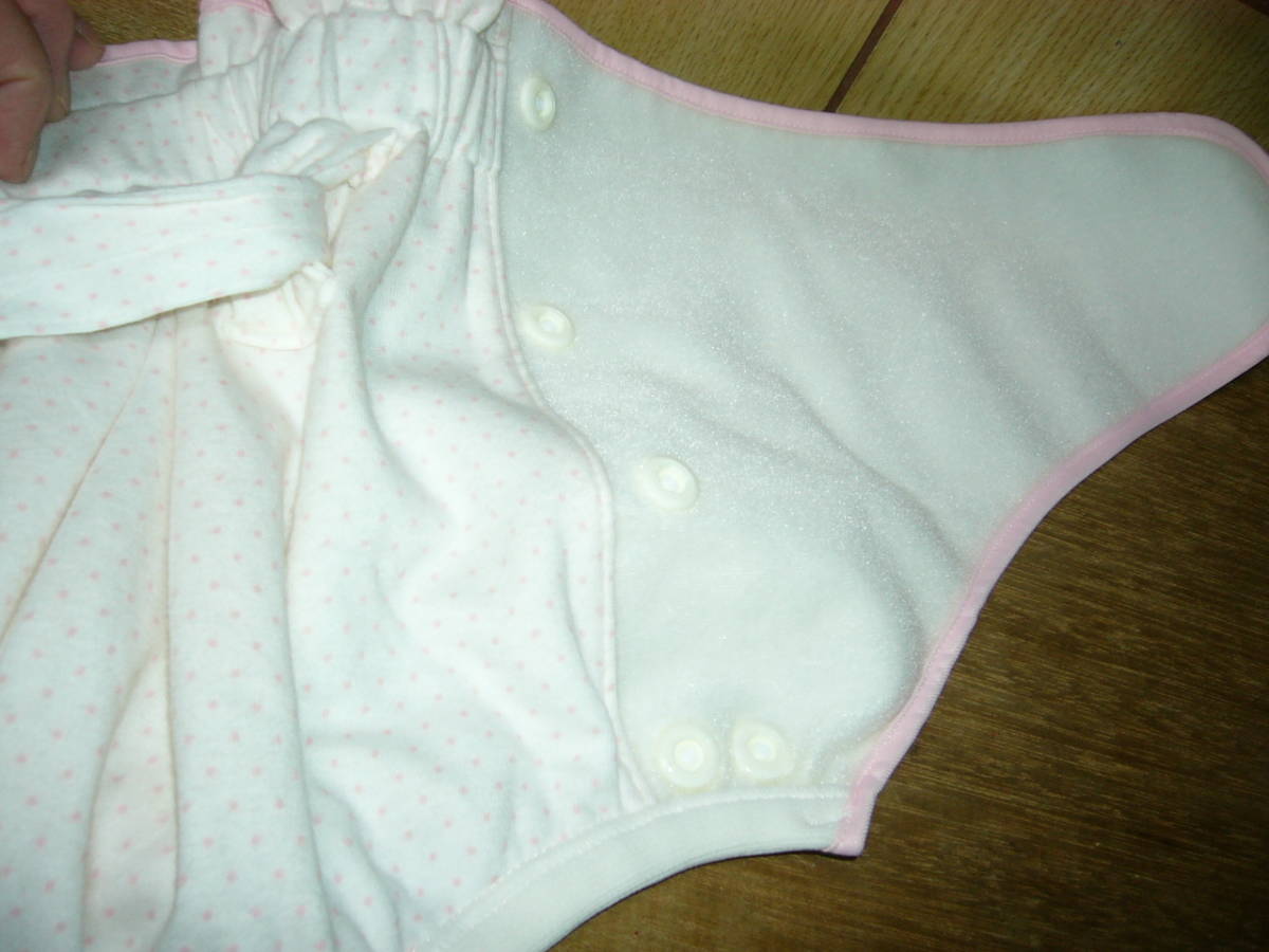  adult diaper cover OP made white ground . pink. polka dot knitted reverse side la Tec s0.25 millimeter small of the back cord two -ply . is water-repellent 0.3 pra hook length 1 row &. width 2 piece unused 