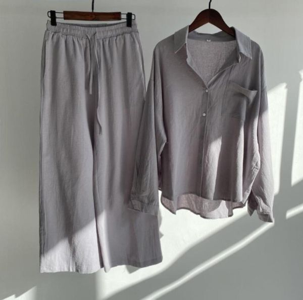 新入荷 *セットアップ リネンシャツ ワイドパンツ 上下セット ロングパンツ カーディガン 綿麻 長(zhǎng)袖 大きいサイズ 薄手 著痩せ*カーキ