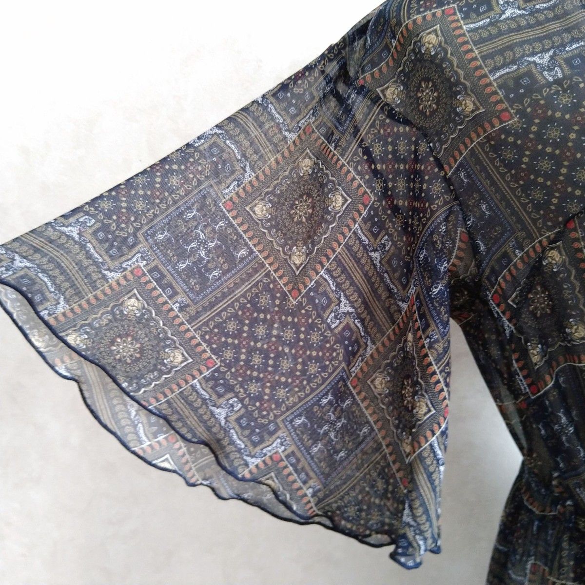 GLOBAL WORK グローバルワーク★幾何学模様 ダマスク柄パッチワーク風 総柄 透け感シフォン シアー ロングワンピース紺M