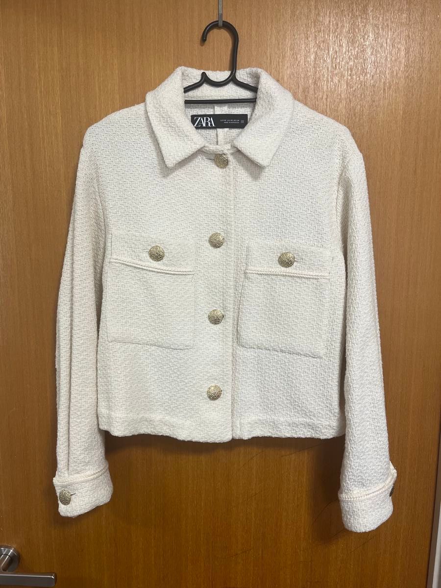 ZARA ホワイト ツイード ジャケット XS シャネルジャケット 入学 ZARA ホワイト ツイード ジャケット XS シャネルジャケット 入学