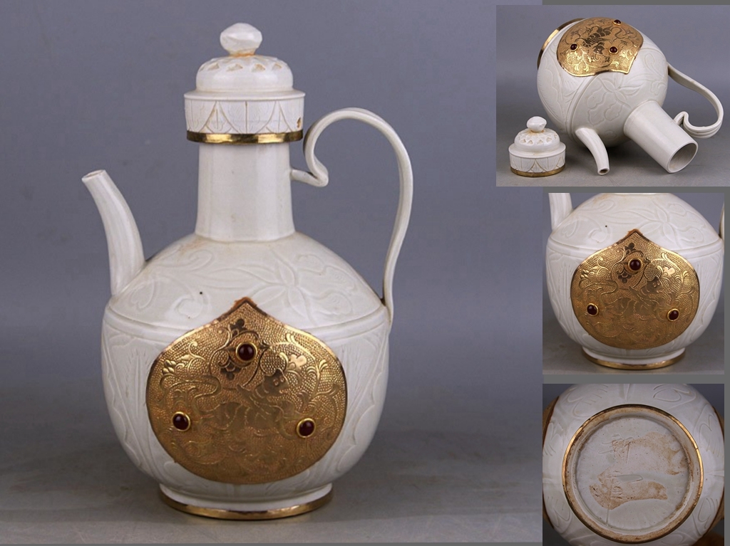宋時代定窯刻花卉紋象嵌寶石包金蓋壺・水注!高さ27cm 直径17cm-