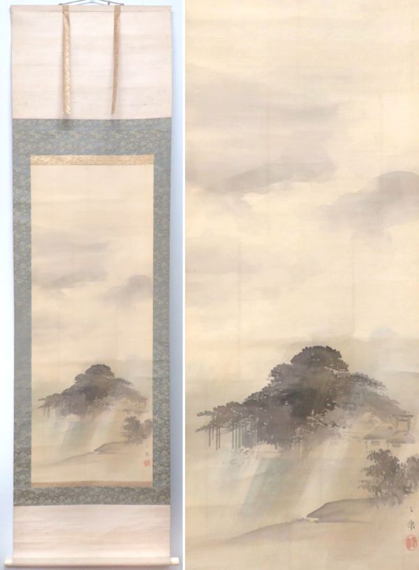 ◇真作◇ 野村文挙 『唐崎夜雨図』 共箱 絹本 四条派 師:塩川文 ◇真作◇ 野村文挙 『唐崎夜雨図』 共箱 絹本 四条派 師:塩川文