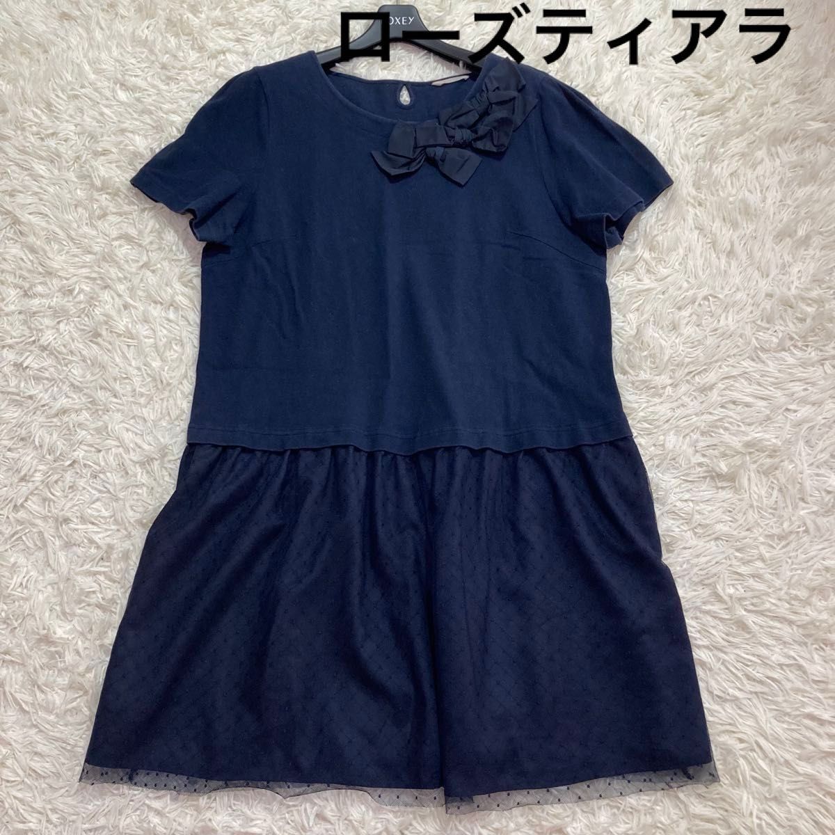 ワンピース ひざ丈 半袖 ネイビー 半袖ワンピース ローズティアラ ワンピース チュニック リボン 46 紺 大きいサイズ