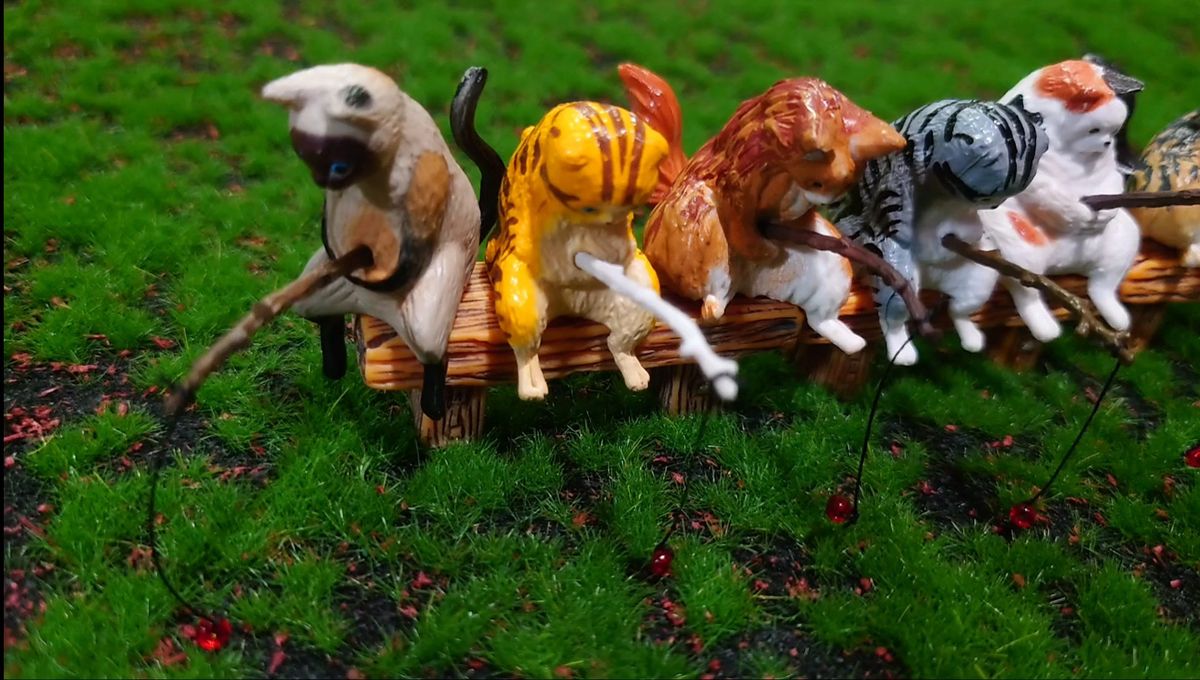 【新品】釣り猫 猫オブジェ 猫釣り アクアリウム フィギュア ジオラマ ミニチュア 水槽飾り 置物 12種類セット