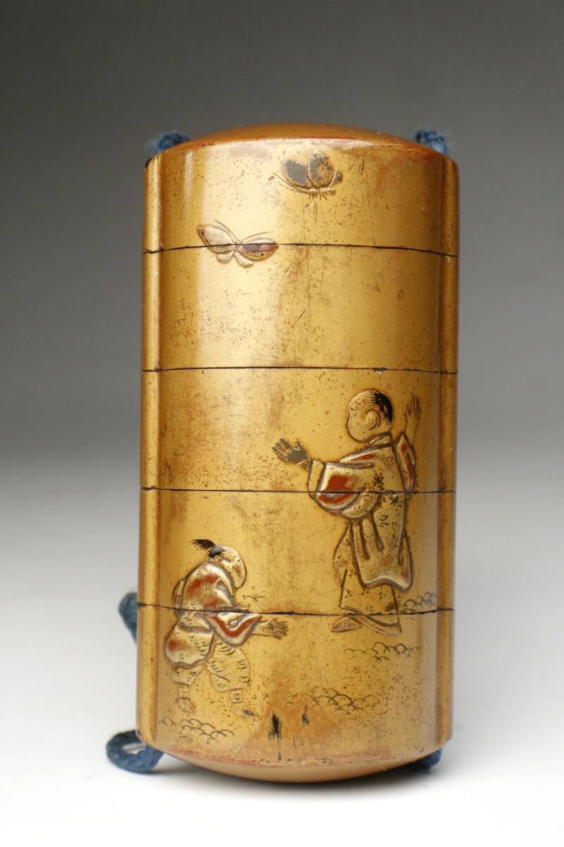 LIG】時代名品 金蒔絵 草花蝶童図印籠 内梨地 江戸とんぼ玉根付 LIG】時代名品 金蒔絵 草花蝶童図印籠 内梨地 江戸とんぼ玉根付