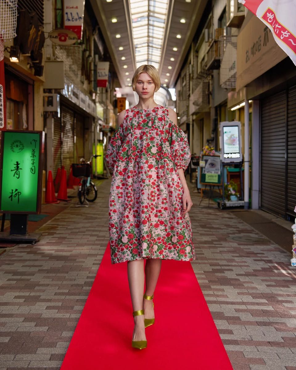 poppy flower jacquard off shoulder dress