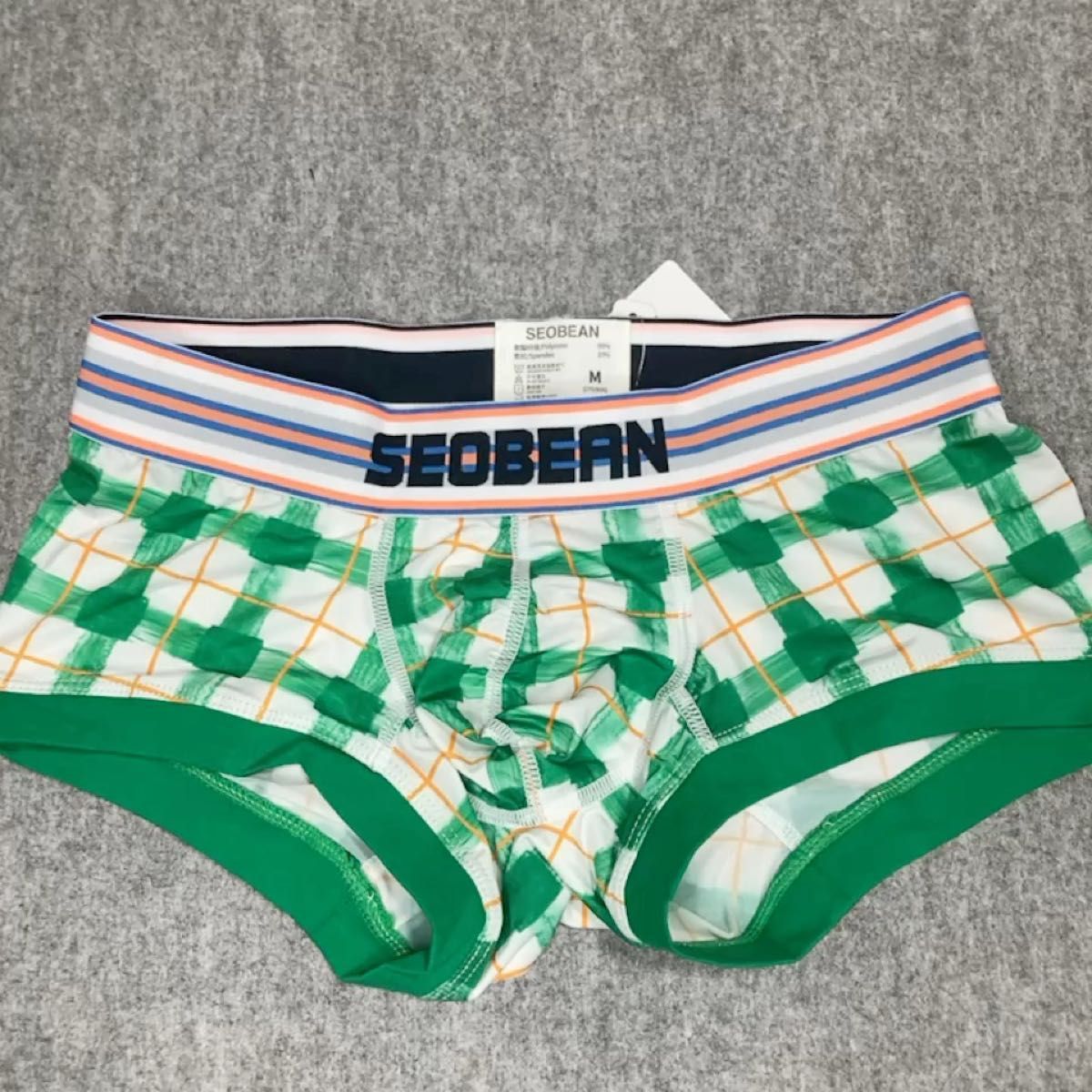 【SEOBEAN】ローライズボクサー パンツ 前閉じ チェック柄 グリーン オレンジ サラサラ素材 オシャレ Mサイズ